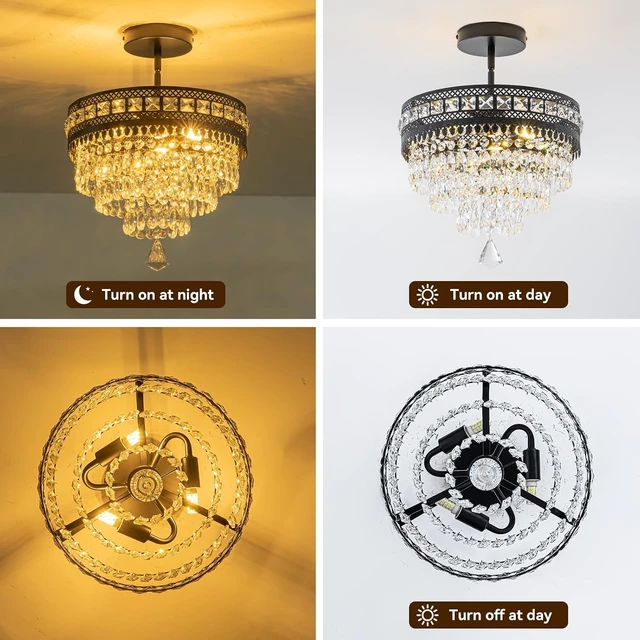 Alt view image 6 of 6 - Modern Crystal Chandelier, Farmhouse Ceiling Light, Flush Mount Light Fixture,11.8W x 9H inches, 4-Layer K9 Crystal, Indoor Ceiling Light Pendant for Bedroom, Hallway, Closet (Midnight Onyx)