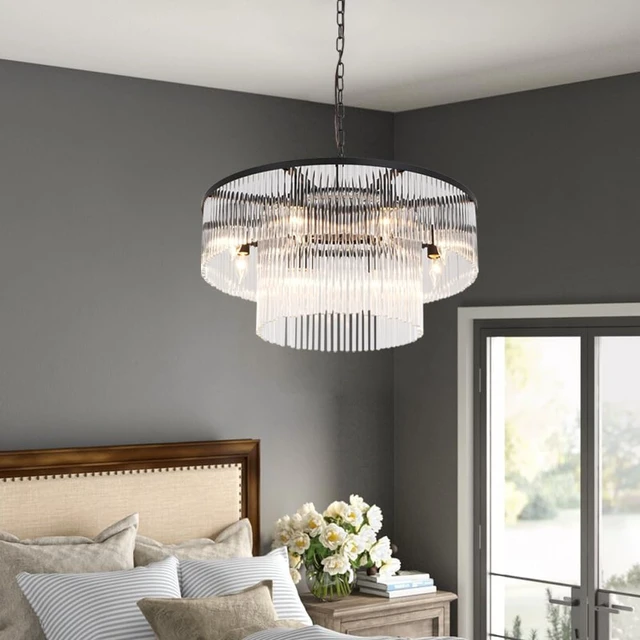 Alt view image 2 of 6 - Black Modern Chandelier, 2-Tier Crystal Glass, 8-Light Round Dining Room Chandelier, Contemporary Pendant Ceiling Light for Bedroom Foyer Entryway, 23.6''