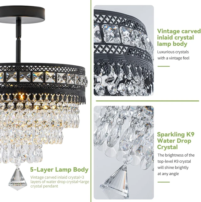 Alt view image 5 of 6 - Modern Crystal Chandelier, Farmhouse Ceiling Light, Flush Mount Light Fixture,11.8W x 9H inches, 4-Layer K9 Crystal, Indoor Ceiling Light Pendant for Bedroom, Hallway, Closet (Midnight Onyx)