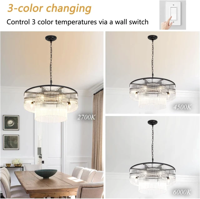 Alt view image 3 of 6 - Black Modern Chandelier, 2-Tier Crystal Glass, 8-Light Round Dining Room Chandelier, Contemporary Pendant Ceiling Light for Bedroom Foyer Entryway, 23.6''