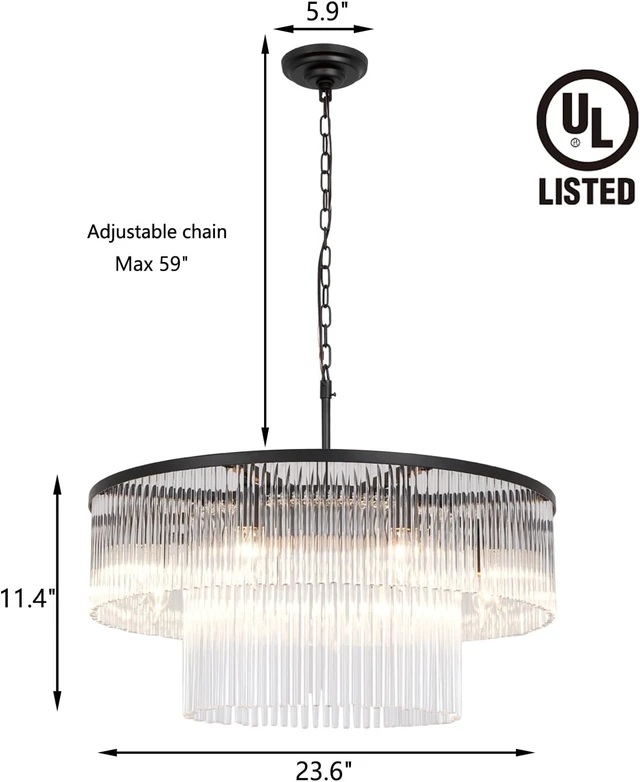Alt view image 4 of 6 - Black Modern Chandelier, 2-Tier Crystal Glass, 8-Light Round Dining Room Chandelier, Contemporary Pendant Ceiling Light for Bedroom Foyer Entryway, 23.6''