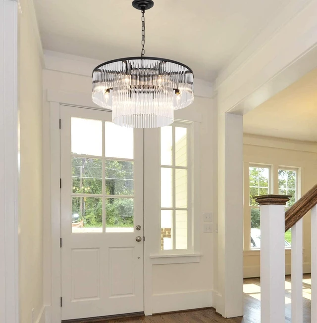 Alt view image 5 of 6 - Black Modern Chandelier, 2-Tier Crystal Glass, 8-Light Round Dining Room Chandelier, Contemporary Pendant Ceiling Light for Bedroom Foyer Entryway, 23.6''