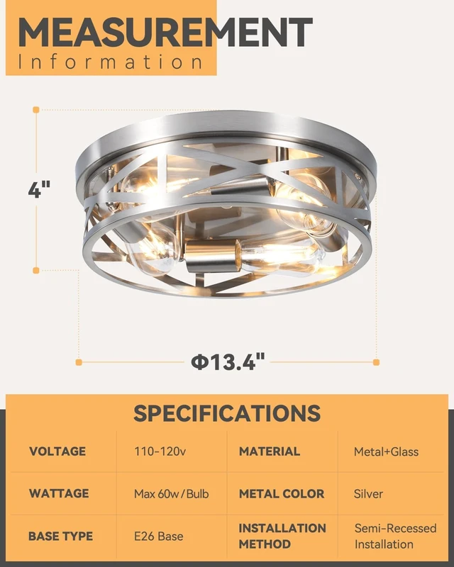 Alt view image 2 of 7 - 13 Inch Close to Ceiling Lights, 2 Pack Brushed Nickle Flush Mount Ceiling Light Fixture, Modern 4-Light Metal Cage Indoor Kitchen Ceiling Lights for House Hallway Bedroom Living Room