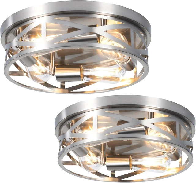 Main image of 13 Inch Close to Ceiling Lights, 2 Pack Brushed Nickle Flush Mount Ceiling Light Fixture, Modern 4-Light Metal Cage Indoor Kitchen Ceiling Lights for House Hallway Bedroom Living Room