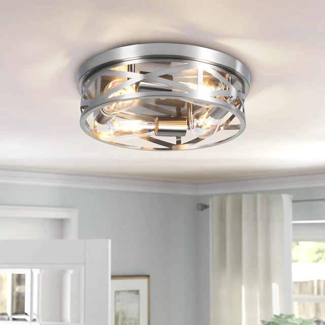 Alt view image 3 of 7 - 13 Inch Close to Ceiling Lights, 2 Pack Brushed Nickle Flush Mount Ceiling Light Fixture, Modern 4-Light Metal Cage Indoor Kitchen Ceiling Lights for House Hallway Bedroom Living Room
