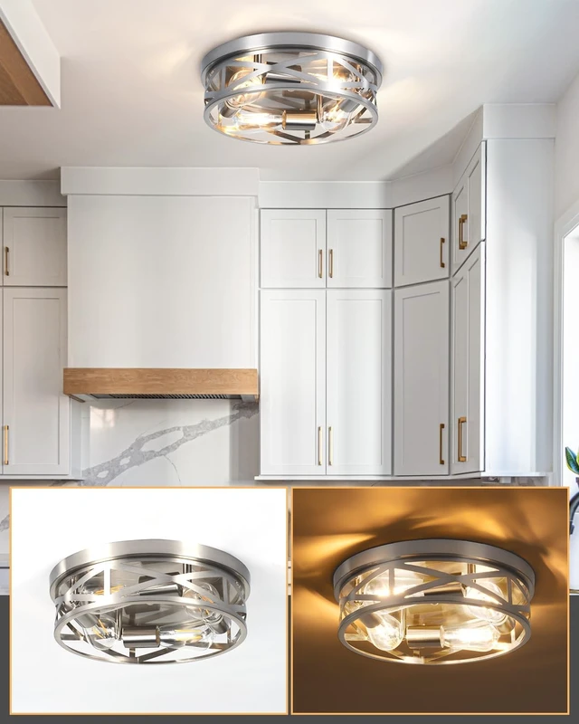 Alt view image 5 of 7 - 13 Inch Close to Ceiling Lights, 2 Pack Brushed Nickle Flush Mount Ceiling Light Fixture, Modern 4-Light Metal Cage Indoor Kitchen Ceiling Lights for House Hallway Bedroom Living Room
