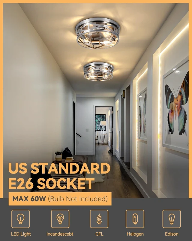 Alt view image 4 of 7 - 13 Inch Close to Ceiling Lights, 2 Pack Brushed Nickle Flush Mount Ceiling Light Fixture, Modern 4-Light Metal Cage Indoor Kitchen Ceiling Lights for House Hallway Bedroom Living Room