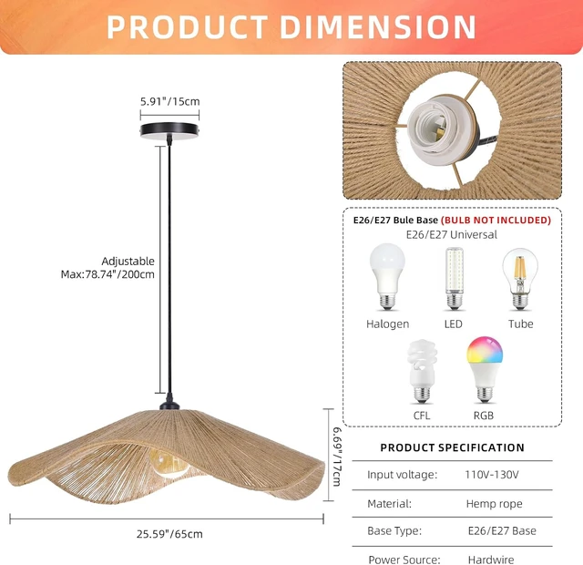 Alt view image 6 of 7 - Arturesthome 25.5" Boho Twine Pendant Lamp Shade,Large Woven Hanging Lighting for Living Room Bedroom Adjustable Modern Chandelier for Kitchen Hallway