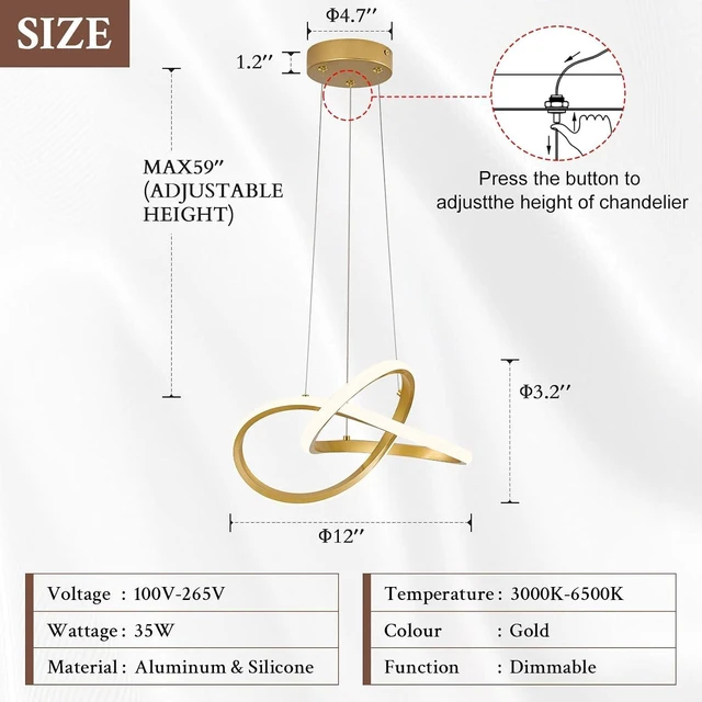 Alt view image 2 of 7 - Modern LED Pendant Light Gold for Kitchen with Remote, D12in