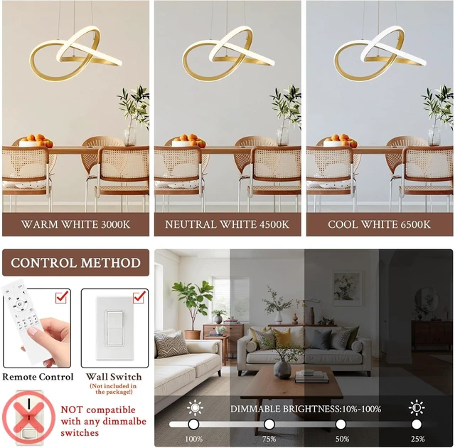 Alt view image 3 of 7 - Modern LED Pendant Light Gold for Kitchen with Remote, D12in