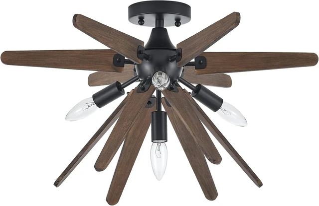 Main image of 4-Light Sputnik Semi Flush Mount Light Black, Wood Hallway Lights, Farmhouse Light Fixture for Kitchen, Rustic Close to Ceiling Light Fixture for Entryway Laundry Nursery Bedroom