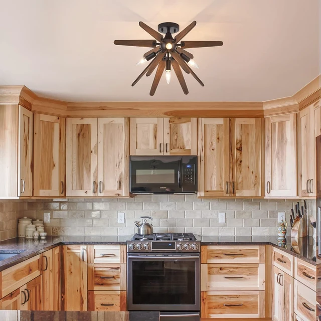 Alt view image 2 of 7 - 4-Light Sputnik Semi Flush Mount Light Black, Wood Hallway Lights, Farmhouse Light Fixture for Kitchen, Rustic Close to Ceiling Light Fixture for Entryway Laundry Nursery Bedroom