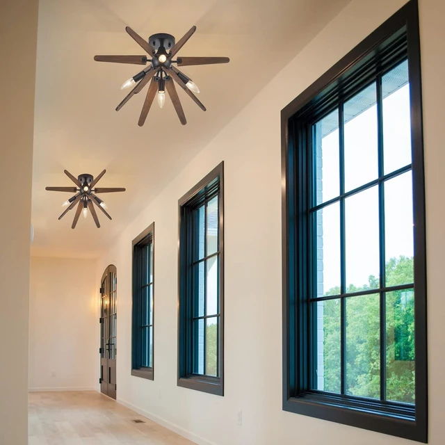 Alt view image 7 of 7 - 4-Light Sputnik Semi Flush Mount Light Black, Wood Hallway Lights, Farmhouse Light Fixture for Kitchen, Rustic Close to Ceiling Light Fixture for Entryway Laundry Nursery Bedroom