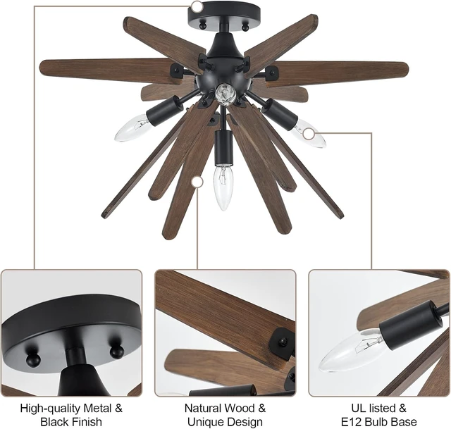 Alt view image 4 of 7 - 4-Light Sputnik Semi Flush Mount Light Black, Wood Hallway Lights, Farmhouse Light Fixture for Kitchen, Rustic Close to Ceiling Light Fixture for Entryway Laundry Nursery Bedroom