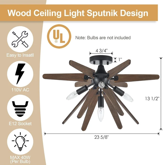 Alt view image 5 of 7 - 4-Light Sputnik Semi Flush Mount Light Black, Wood Hallway Lights, Farmhouse Light Fixture for Kitchen, Rustic Close to Ceiling Light Fixture for Entryway Laundry Nursery Bedroom