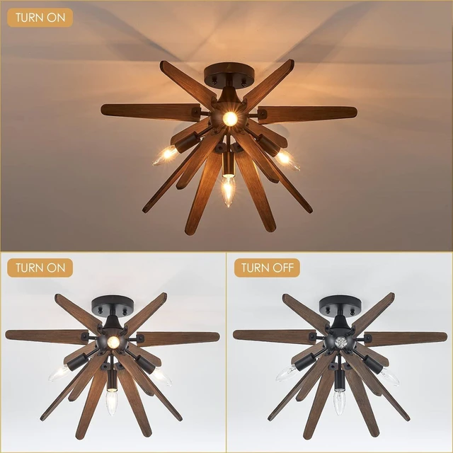 Alt view image 6 of 7 - 4-Light Sputnik Semi Flush Mount Light Black, Wood Hallway Lights, Farmhouse Light Fixture for Kitchen, Rustic Close to Ceiling Light Fixture for Entryway Laundry Nursery Bedroom
