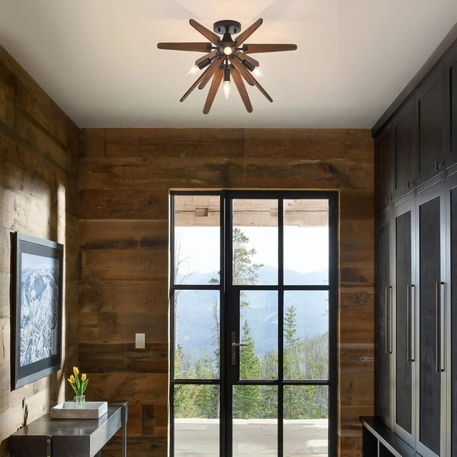 Alt view image 3 of 7 - 4-Light Sputnik Semi Flush Mount Light Black, Wood Hallway Lights, Farmhouse Light Fixture for Kitchen, Rustic Close to Ceiling Light Fixture for Entryway Laundry Nursery Bedroom