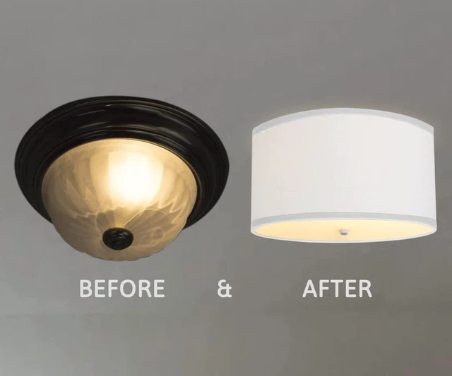 Alt view image 3 of 7 - Moderne Flush Mount Conversion Kit 18"w White Linen Shallow Drum Lampshade