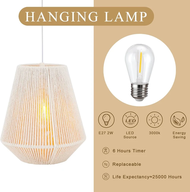 Alt view image 3 of 7 - JHY DESIGN Cotton Rope Hanging Light Battery Operated Boho Lamp
