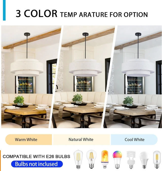 Alt view image 3 of 7 - 3-Tier Modern Drum Chandelier for Dining Room 19.7in 4-Light Drum Light Fixtures Ceiling Hanging Farmhouse Pendant Lighting