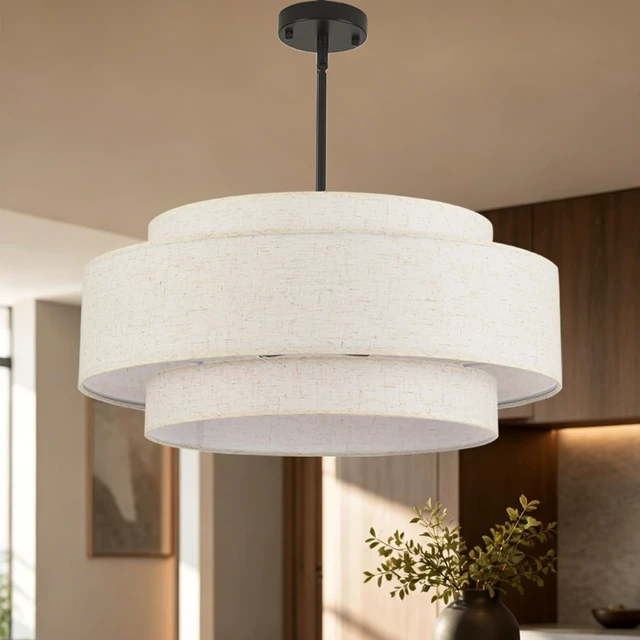 Alt view image 2 of 7 - 3-Tier Modern Drum Chandelier for Dining Room 19.7in 4-Light Drum Light Fixtures Ceiling Hanging Farmhouse Pendant Lighting