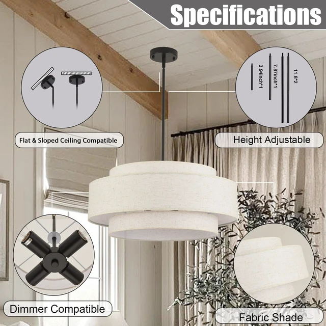 Alt view image 5 of 7 - 3-Tier Modern Drum Chandelier for Dining Room 19.7in 4-Light Drum Light Fixtures Ceiling Hanging Farmhouse Pendant Lighting