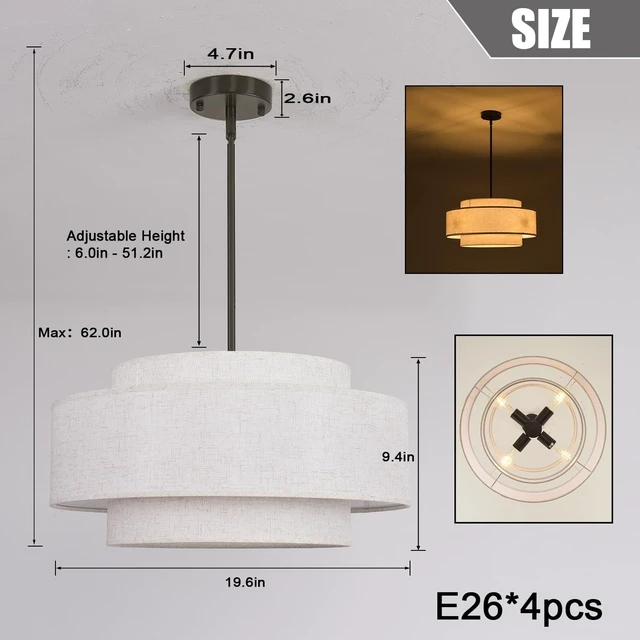 Alt view image 6 of 7 - 3-Tier Modern Drum Chandelier for Dining Room 19.7in 4-Light Drum Light Fixtures Ceiling Hanging Farmhouse Pendant Lighting