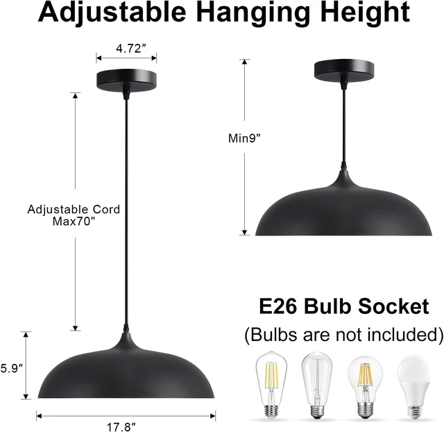 Alt view image 5 of 7 - 17.8" Large Black Dome Pendant Light, Adjustable Hanging Lamp