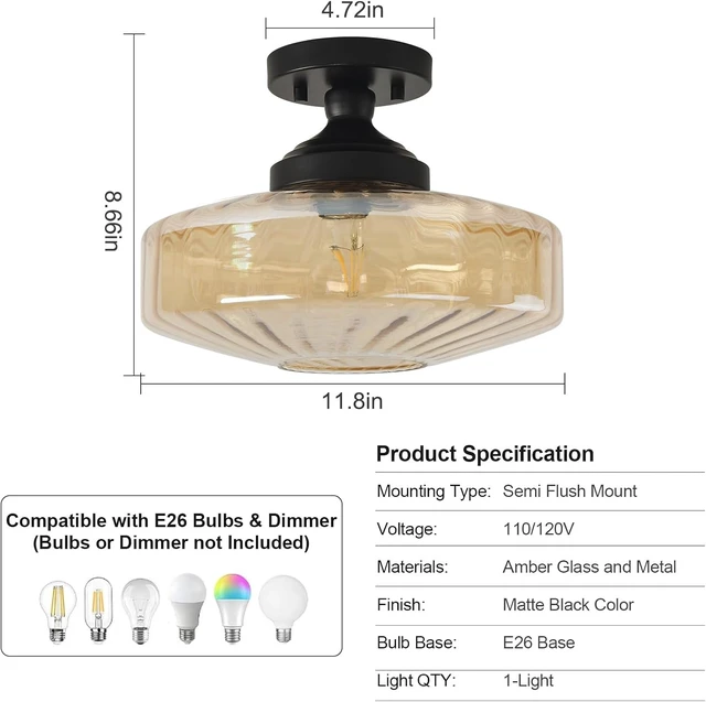 Alt view image 7 of 7 - Amber Glass Vintage Light Fixture Ceiling Flush Mounted, 11.8in