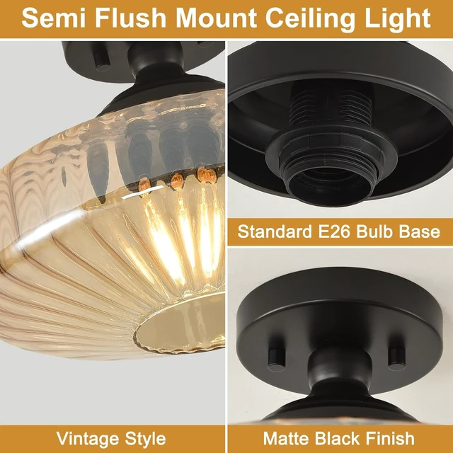 Alt view image 6 of 7 - Amber Glass Vintage Light Fixture Ceiling Flush Mounted, 11.8in