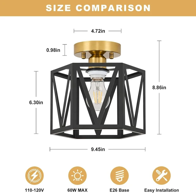 Alt view image 4 of 7 - Small Black Gold Farmhouse Semi Flush Mount Ceiling Light, 1-Light