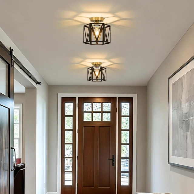 Alt view image 2 of 7 - Small Black Gold Farmhouse Semi Flush Mount Ceiling Light, 1-Light
