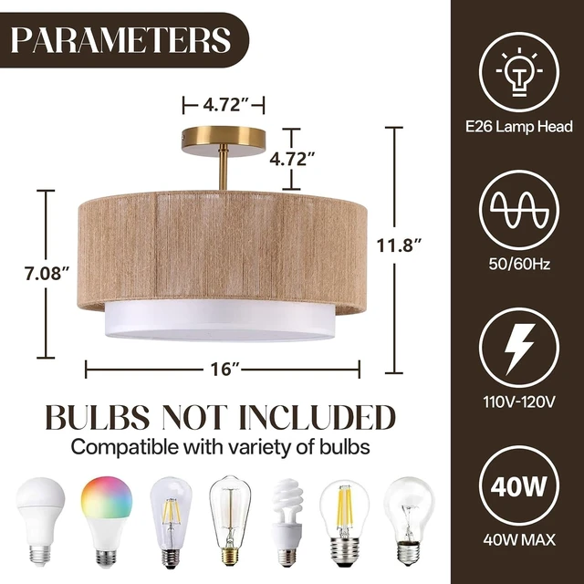 Alt view image 4 of 7 - Rattan Ceiling Light, 16 inch Semi Flush Mount Ceiling Light Fixture