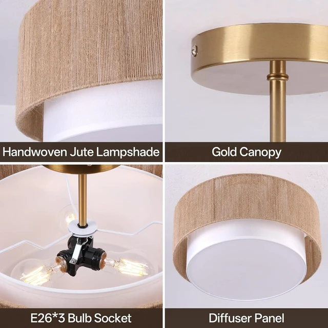 Alt view image 5 of 7 - Rattan Ceiling Light, 16 inch Semi Flush Mount Ceiling Light Fixture