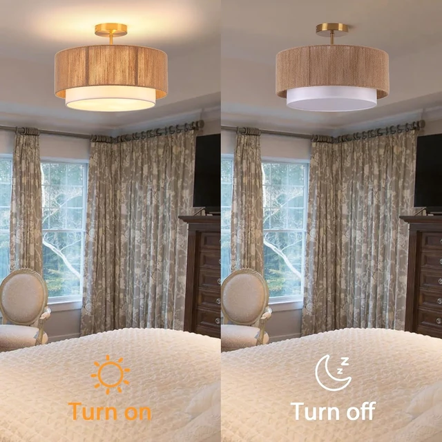 Alt view image 6 of 7 - Rattan Ceiling Light, 16 inch Semi Flush Mount Ceiling Light Fixture
