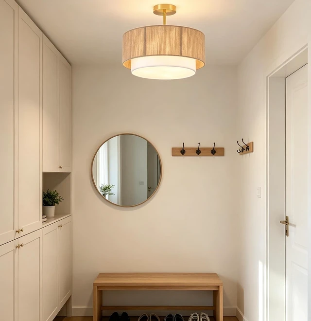 Alt view image 7 of 7 - Rattan Ceiling Light, 16 inch Semi Flush Mount Ceiling Light Fixture