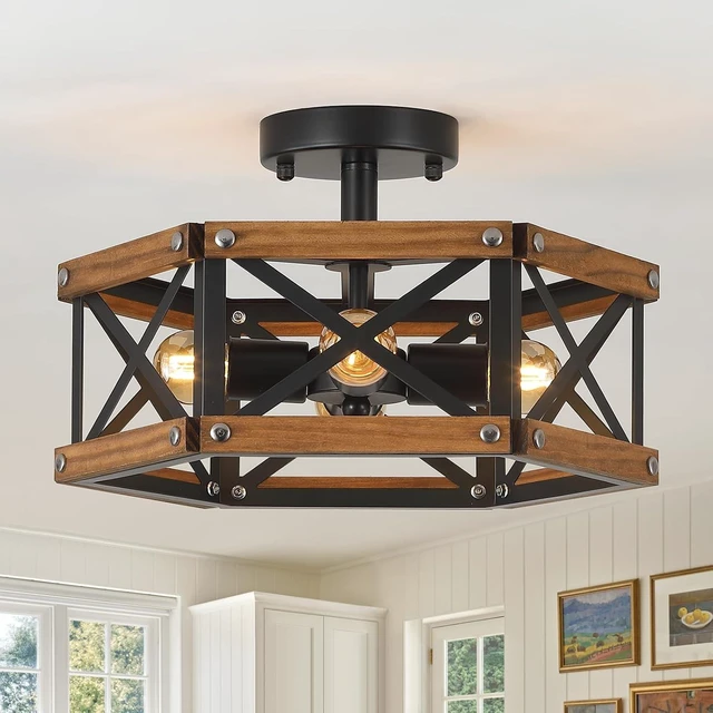 Main image of 4-Light Rustic Farmhouse Wood Flush Mount Ceiling Light Fixture 14.5 inch Oak Wood and Metal Hexagon Cage Semi Flush Mount Ceiling Light for Hallway Entry Bedroom Kitchen Farmhouse Cabin, Black