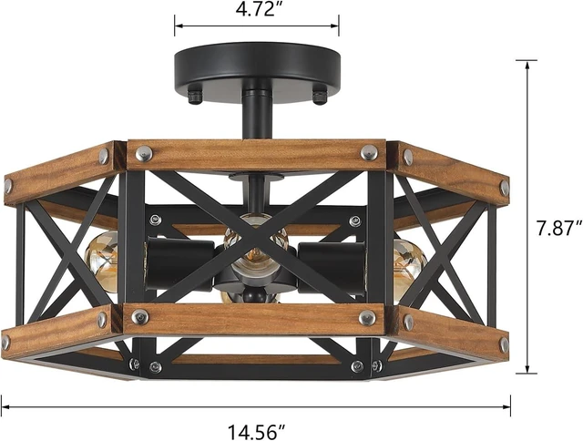 Alt view image 4 of 7 - 4-Light Rustic Farmhouse Wood Flush Mount Ceiling Light Fixture 14.5 inch Oak Wood and Metal Hexagon Cage Semi Flush Mount Ceiling Light for Hallway Entry Bedroom Kitchen Farmhouse Cabin, Black