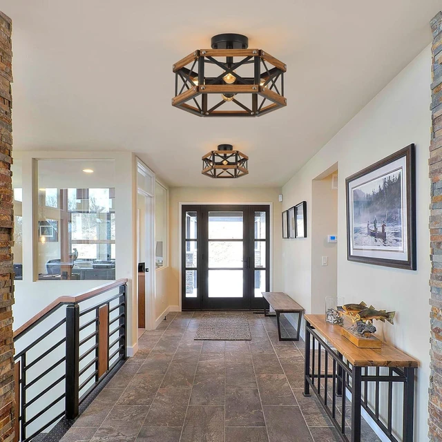 Alt view image 3 of 7 - 4-Light Rustic Farmhouse Wood Flush Mount Ceiling Light Fixture 14.5 inch Oak Wood and Metal Hexagon Cage Semi Flush Mount Ceiling Light for Hallway Entry Bedroom Kitchen Farmhouse Cabin, Black