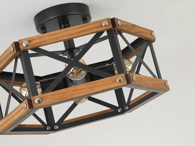 Alt view image 5 of 7 - 4-Light Rustic Farmhouse Wood Flush Mount Ceiling Light Fixture 14.5 inch Oak Wood and Metal Hexagon Cage Semi Flush Mount Ceiling Light for Hallway Entry Bedroom Kitchen Farmhouse Cabin, Black