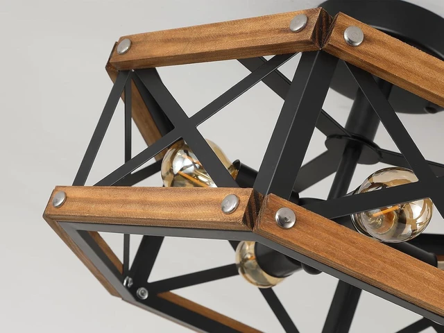 Alt view image 6 of 7 - 4-Light Rustic Farmhouse Wood Flush Mount Ceiling Light Fixture 14.5 inch Oak Wood and Metal Hexagon Cage Semi Flush Mount Ceiling Light for Hallway Entry Bedroom Kitchen Farmhouse Cabin, Black