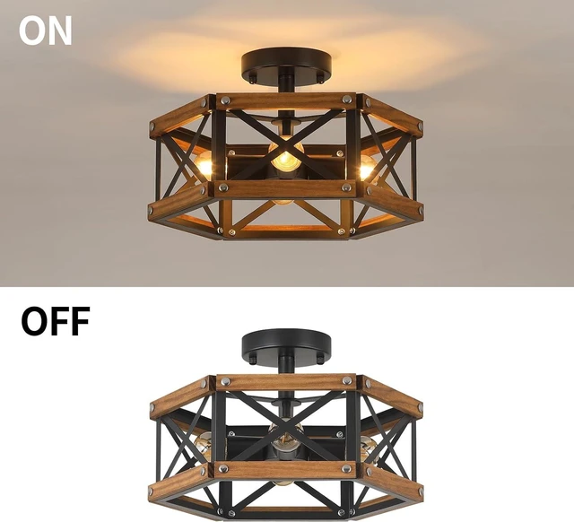 Alt view image 7 of 7 - 4-Light Rustic Farmhouse Wood Flush Mount Ceiling Light Fixture 14.5 inch Oak Wood and Metal Hexagon Cage Semi Flush Mount Ceiling Light for Hallway Entry Bedroom Kitchen Farmhouse Cabin, Black