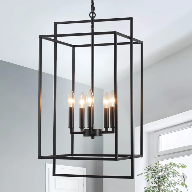 Main image of Black Farmhouse Chandelier for Dining Room, 5-Light Modern Entryway Foyer Lighting Fixtures, 14.17" Industrial Lantern Pendant Light Kitchen Island Rustic Hanging Chandelier for Stairway Hallway