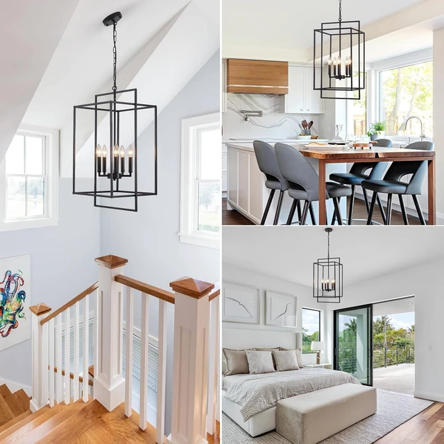 Alt view image 2 of 7 - Black Farmhouse Chandelier for Dining Room, 5-Light Modern Entryway Foyer Lighting Fixtures, 14.17" Industrial Lantern Pendant Light Kitchen Island Rustic Hanging Chandelier for Stairway Hallway
