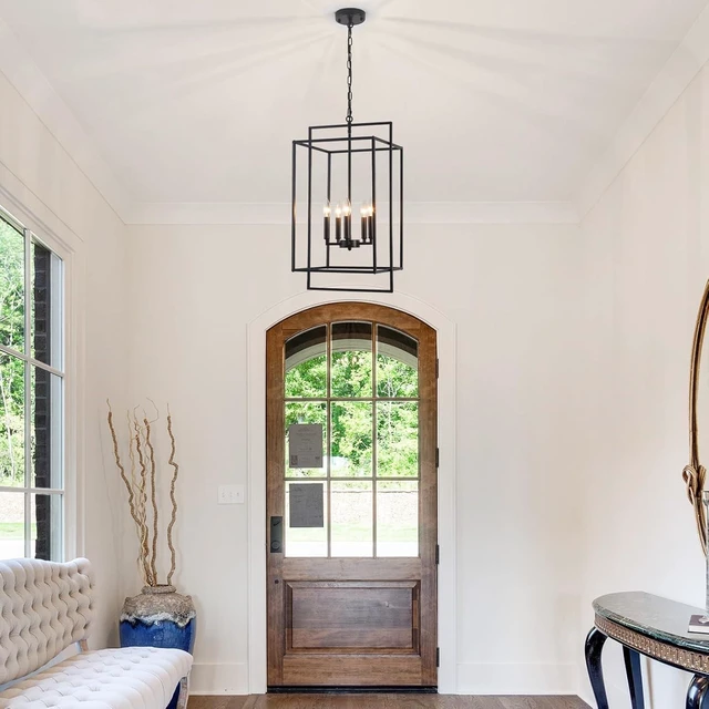 Alt view image 3 of 7 - Black Farmhouse Chandelier for Dining Room, 5-Light Modern Entryway Foyer Lighting Fixtures, 14.17" Industrial Lantern Pendant Light Kitchen Island Rustic Hanging Chandelier for Stairway Hallway