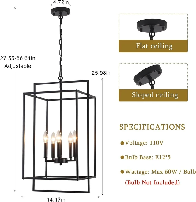 Alt view image 4 of 7 - Black Farmhouse Chandelier for Dining Room, 5-Light Modern Entryway Foyer Lighting Fixtures, 14.17" Industrial Lantern Pendant Light Kitchen Island Rustic Hanging Chandelier for Stairway Hallway