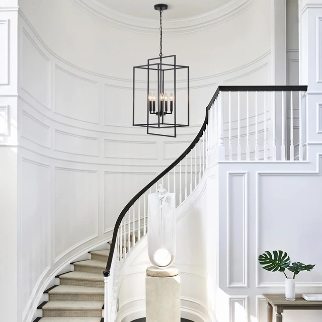 Alt view image 5 of 7 - Black Farmhouse Chandelier for Dining Room, 5-Light Modern Entryway Foyer Lighting Fixtures, 14.17" Industrial Lantern Pendant Light Kitchen Island Rustic Hanging Chandelier for Stairway Hallway