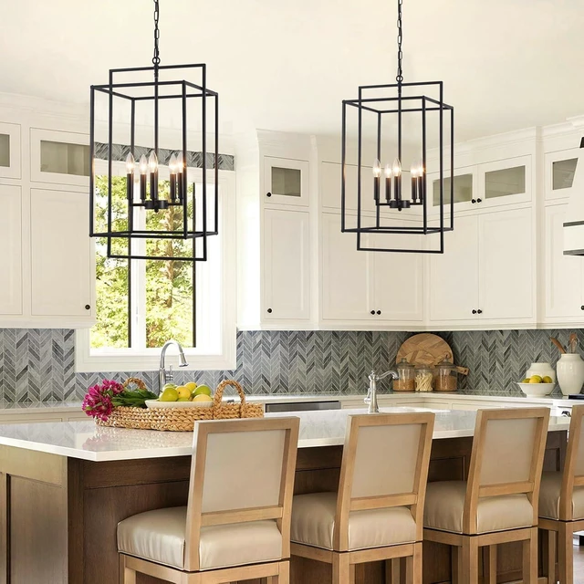 Alt view image 6 of 7 - Black Farmhouse Chandelier for Dining Room, 5-Light Modern Entryway Foyer Lighting Fixtures, 14.17" Industrial Lantern Pendant Light Kitchen Island Rustic Hanging Chandelier for Stairway Hallway