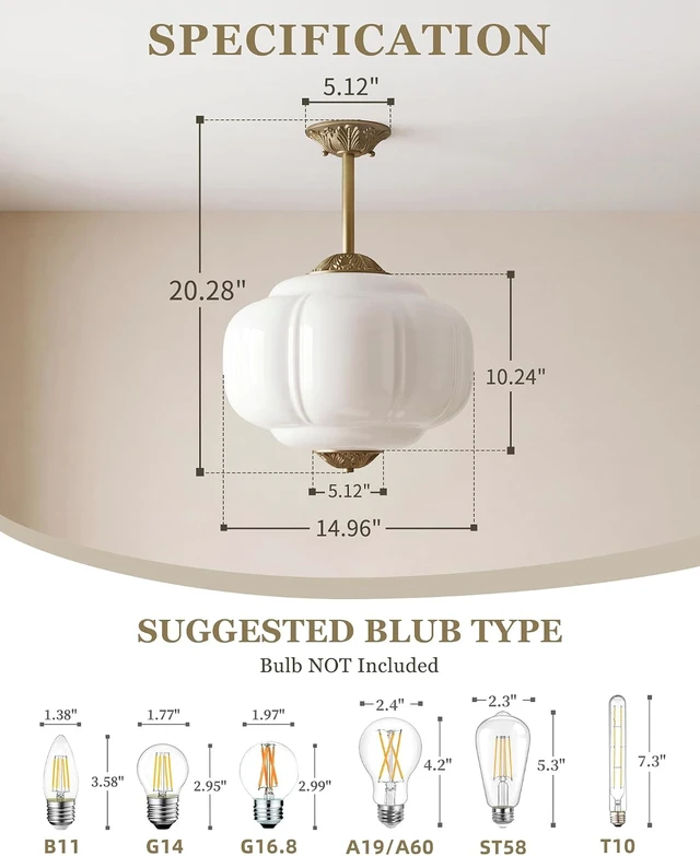 Alt view image 3 of 7 - AUTELO 15" Milk Glass Ceiling Light, Semi Flush Mount Ceiling Light