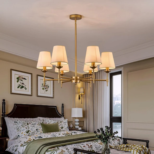 Alt view image 5 of 7 - Gold Chandelier with Shades 6 Light Ceiling Light Fixture with Linen Fabric Farmhouse Pendant Lights for Bedroom Kitchen Dining Room Living Room Foyer